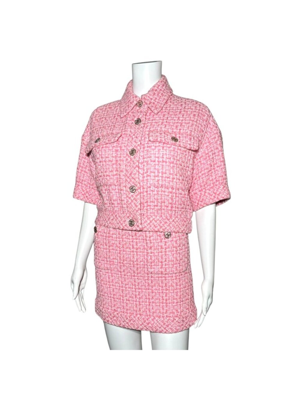 CHANEL PINK TWEED 2-PIECE SKIRT SUIT ENSEMBLE SZ 2